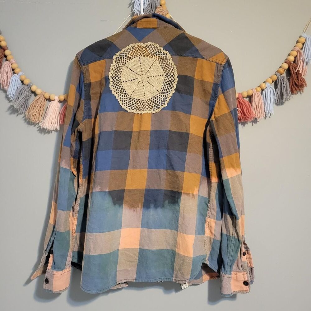 Vans Women's Orange Blue Reworked Crotchet Flannel Shirt Grunge Skater Alt Emo